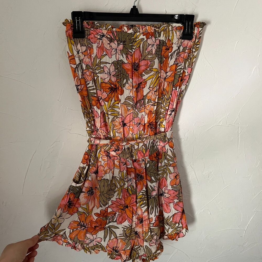 Billabong‎ Strapless Floral Romper Smocked Waist Belted Tropical Size L